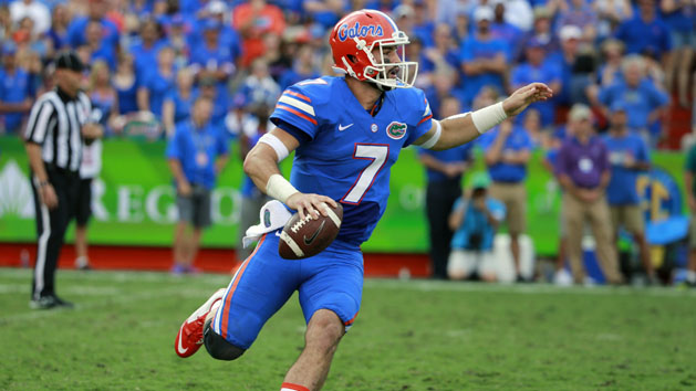 Sep 26, 2015; Gainesville, FL, USA; Florida Gators quarterback Will Grier (7) runs out of the pocket against the Tennessee Volunteers during the second half at Ben Hill Griffin Stadium. Florida Gators defeated the Tennessee Volunteers 28-27. Mandatory Credit: Kim Klement-USA TODAY Sports