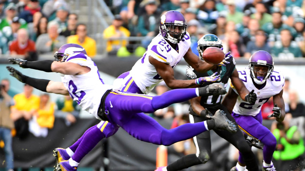 Oct 23, 2016; Philadelphia, PA, USA; Minnesota Vikings cornerback Xavier Rhodes (29) intercepts a pass during the first quarter against the Philadelphia Eagles at Lincoln Financial Field. Photo Credit: Eric Hartline-USA TODAY Sports