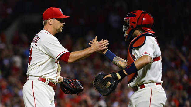 Jun 4, 2016; St. Louis, MO, USA; St. Louis Cardinals relief pitcher Trevor Rosenthal (44) celebrates with catcher Yadier Molina (4) after defeating the San Francisco Giants at Busch Stadium. The Cardinals won 7-4. Photo Credit: Jeff Curry-USA TODAY Sports
