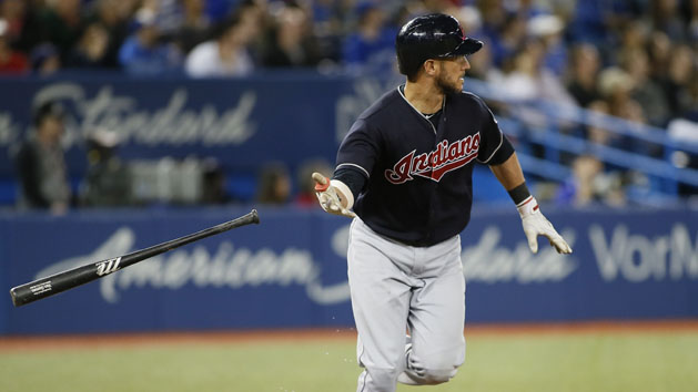 May 9, 2017; Toronto, Ontario, CAN; Cleveland Indians catcher Yan Gomes (7) drops his bat after hitting a three run home run in the eighth inning against the Toronto Blue Jays at Rogers Centre. Cleveland defeated Toronto. Photo Credit: John E. Sokolowski-USA TODAY Sports