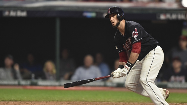 Oct 6, 2017; Cleveland, OH, USA; Cleveland Indians catcher Yan Gomes (7) hits the game-winning RBI-single during the 13th inning in game two of the 2017 ALDS against the New York Yankees at Progressive Field. Photo Credit: Ken Blaze-USA TODAY Sports
