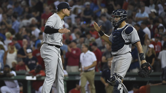 Aug 19, 2017; Boston, MA, USA; New York Yankees catcher Gary Sanchez (24) congratulates relief pitcher Dellin Betances (68) after defeating the Boston Red Sox at Fenway Park. Mandatory Credit: Bob DeChiara-USA TODAY Sports