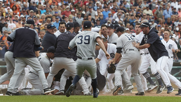 Aug 24, 2017; Detroit, MI, USA; Benches clear after Detroit Tigers first baseman Miguel Cabrera (24) and Detroit Tigers starting pitcher Jordan Zimmermann (27) get into a fight in the sixth inning at Comerica Park. Photo Credit: Rick Osentoski-USA TODAY Sports