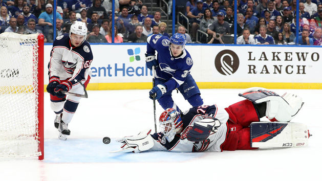 Apr 10, 2019; Tampa, FL, USA; Columbus Blue Jackets goaltender Sergei Bobrovsky (72) makes a save as Columbus Blue Jackets defenseman Markus Nutivaara (65) defends against Tampa Bay Lightning center Yanni Gourde (37) during the first period of game one of the first round of the 2019 Stanley Cup Playoffs at Amalie Arena. Photo Credit: Kim Klement-USA TODAY Sports