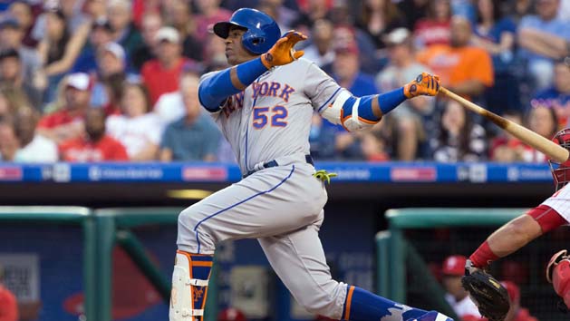Apr 11, 2017; Philadelphia, PA, USA; New York Mets left fielder Yoenis Cespedes (52) hits a three RBI home run against the Philadelphia Phillies during the first inning at Citizens Bank Park. Photo Credit: Bill Streicher-USA TODAY Sports