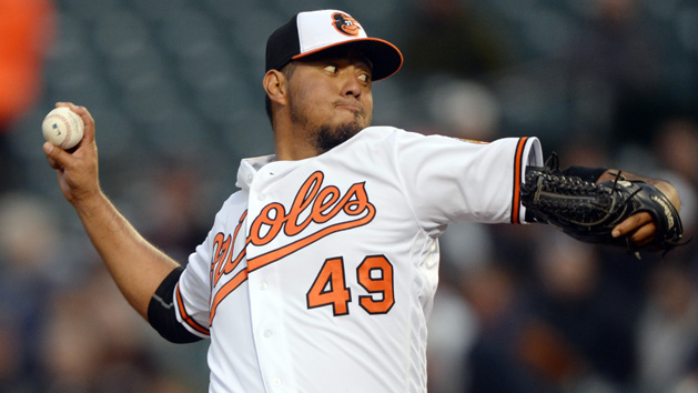 Apr 6, 2016; Baltimore, MD, USA; Baltimore Orioles starting pitcher Yovani Gallardo (49) pitches during the first inning against the Minnesota Twins at Oriole Park at Camden Yards. Mandatory Credit: Tommy Gilligan-USA TODAY Sports