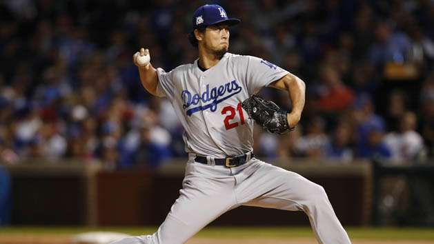 Oct 17, 2017; Chicago, IL, USA; Los Angeles Dodgers starting pitcher Yu Darvish (21) throws a pitch against the Chicago Cubs in the first inning during game three of the 2017 NLCS playoff baseball series at Wrigley Field. Photo Credit: Jim Young-USA TODAY Sports