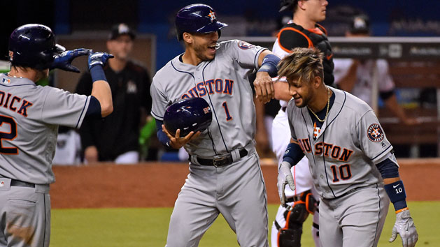 May 15, 2017; Miami, FL, USA; Houston Astros first baseman Yuli Gurriel (10) celebrates with teammates after hitting a grand slam home run in the sixth inning against the Miami Marlins at Marlins Park. Photo Credit: Jasen Vinlove-USA TODAY Sports