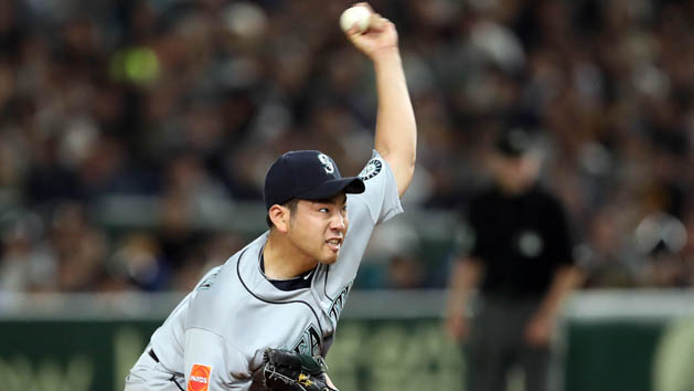 Mar 21, 2019; Tokyo,JPN; Seattle Mariners starting pitcher Yusei Kikuchi (18) throws a pitch during the fifth inning against the Oakland Athletics at Tokyo Dome. Photo Credit: Darren Yamashita-USA TODAY Sports