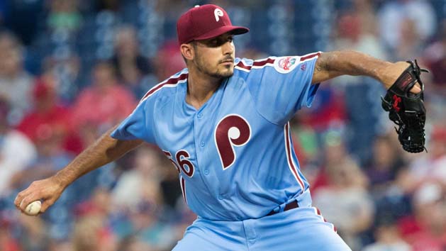 Aug 16, 2018; Philadelphia, PA, USA; Philadelphia Phillies starting pitcher Zach Eflin (56) throws a pitch during the first inning against the New York Mets at Citizens Bank Park. Photo Credit: Bill Streicher-USA TODAY Sports