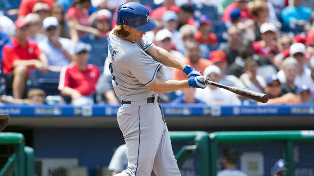 Aug 6, 2015; Philadelphia, PA, USA; Los Angeles Dodgers starting pitcher Zack Greinke (21) hits a home run during the third inning against the Philadelphia Phillies at Citizens Bank Park. Photo Credit: Bill Streicher-USA TODAY Sports