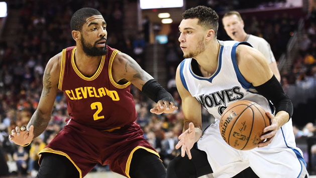Feb 1, 2017; Cleveland, OH, USA; Minnesota Timberwolves guard Zach LaVine (8) drives to the basket against Cleveland Cavaliers guard Kyrie Irving (2) during the first quarter at Quicken Loans Arena. Photo Credit: Ken Blaze-USA TODAY Sports