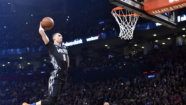 Feb 13, 2016; Toronto, Ontario, Canada; Minnesota Timberwolves guard Zach LaVine competes in the dunk contest during the NBA All Star Saturday Night at Air Canada Centre. Mandatory Credit: Bob Donnan-USA TODAY Sports