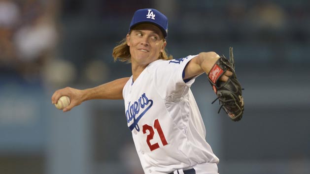 Oct 10, 2015; Los Angeles, CA, USA; Los Angeles Dodgers starting pitcher Zack Greinke (21) delivers a pitch during game two of the NLDS against the New York Mets at Dodger Stadium. Mandatory Credit: Jayne Kamin-Oncea-USA TODAY Sports