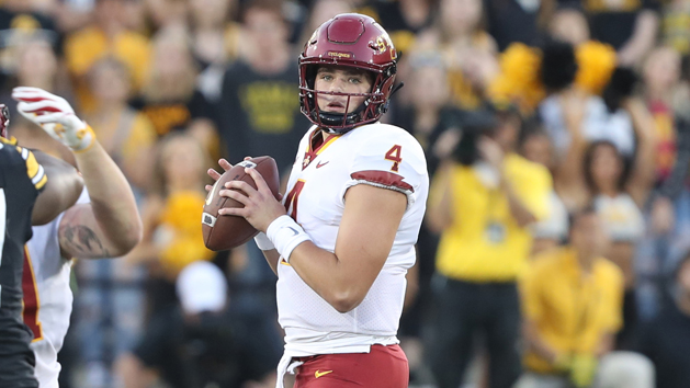 Sep 8, 2018; Iowa City, IA, USA; Iowa State Cyclones quarterback Zeb Noland (4) throws a pass during their game with the Iowa Hawkeyes at Kinnick Stadium. The Hawkeyes beat the Cyclones 13 to 3. Photo Credit: Reese Strickland-USA TODAY Sports