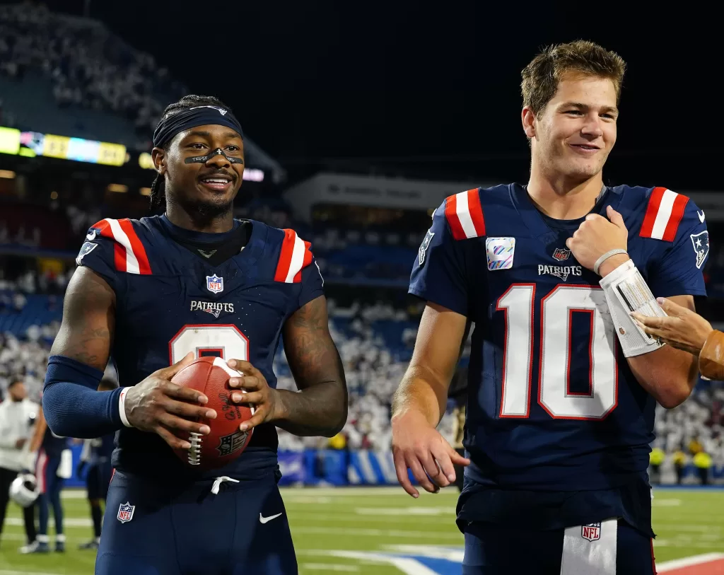  New England Patriots quarterback Drake Maye (10) and wide receiver Stefon Diggs (8)
